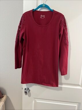 Denim&Co Maroon Long-Sleeve Scoop Neck with Lace Shoulders